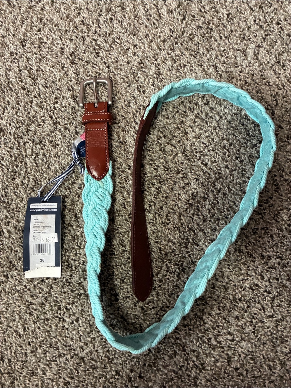 #16 - NWT Vineyard Vines Mint Braided Rope Belt with Brown Leather Accents